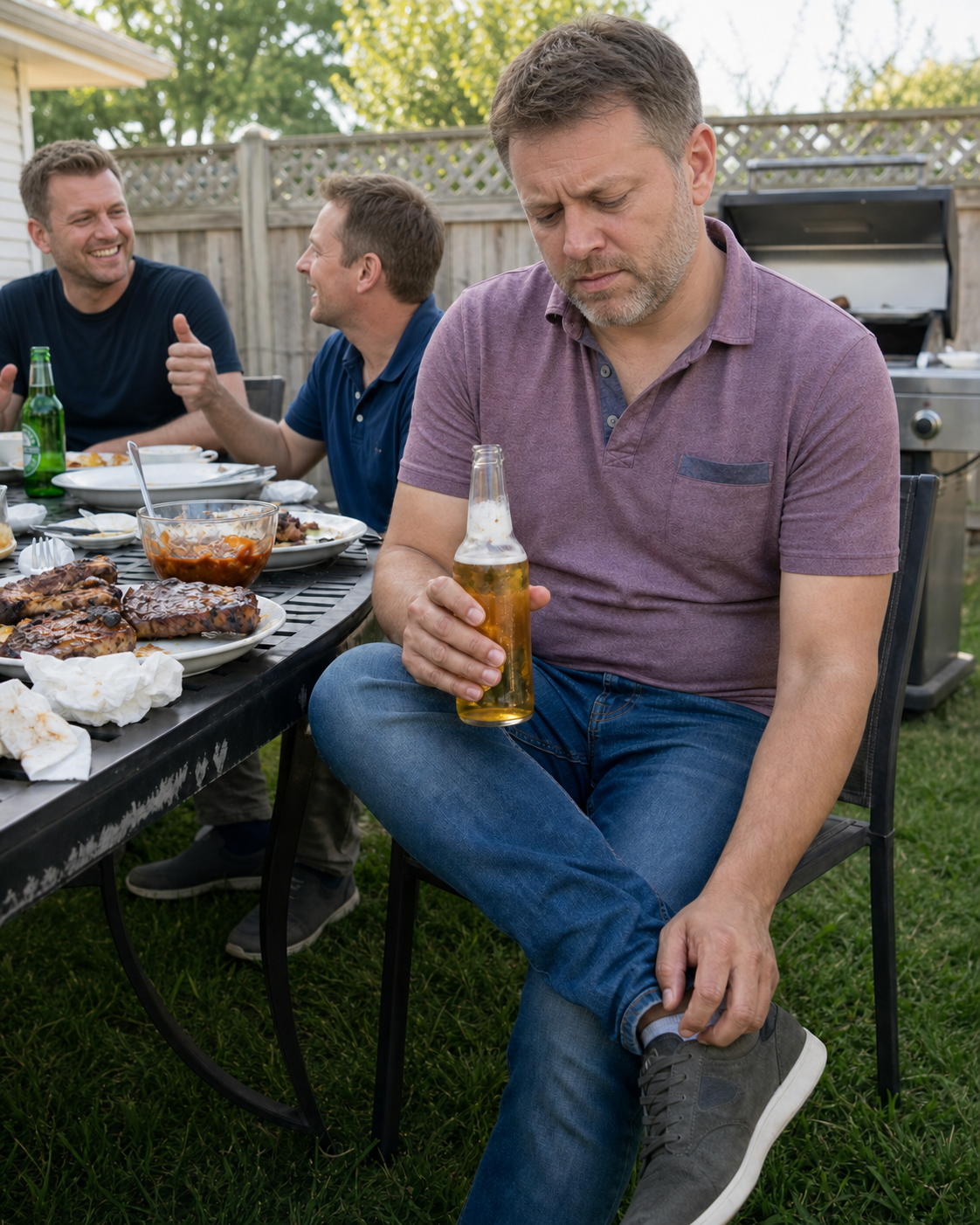 Man at a barbecue holding a beer, looking down at his foot while his friends talk behind him