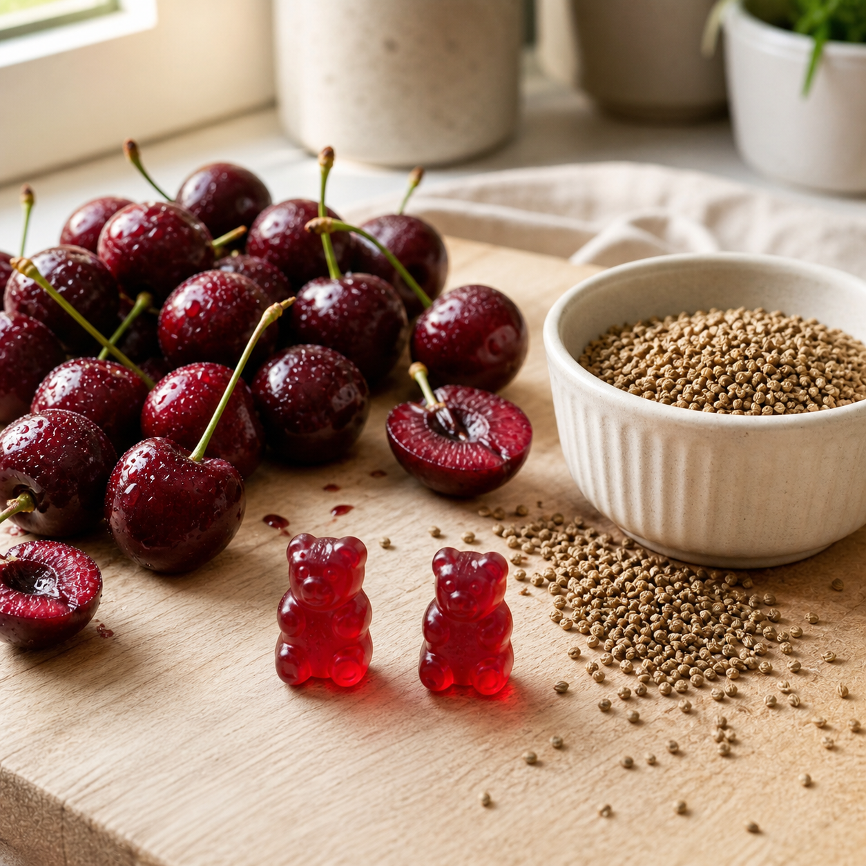 Fresh tart cherries, two cherry gummies and a bowl of celery seed on a kitchen board