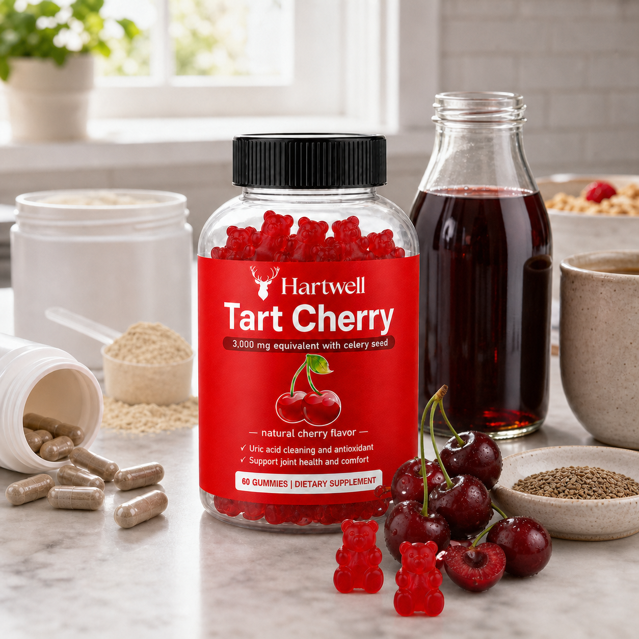 Hartwell Tart Cherry Gummies beside capsules, powder and a bottle of tart cherry juice