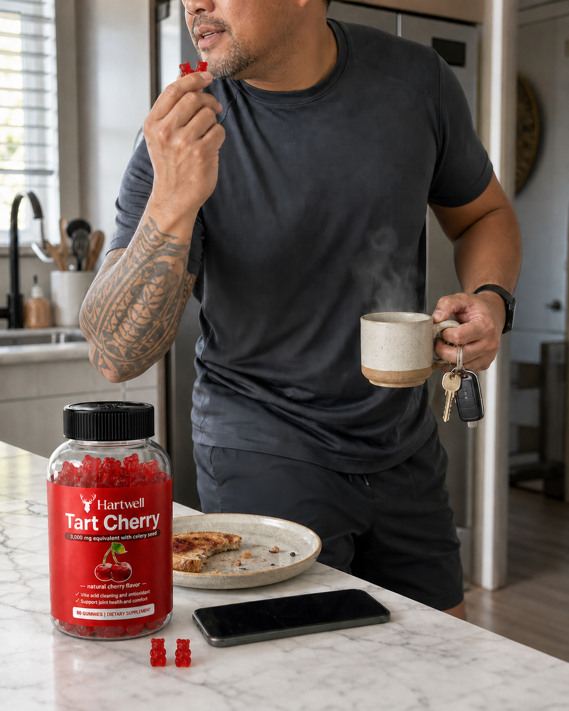 Man eating a tart cherry gummy with coffee and keys in hand before leaving the house