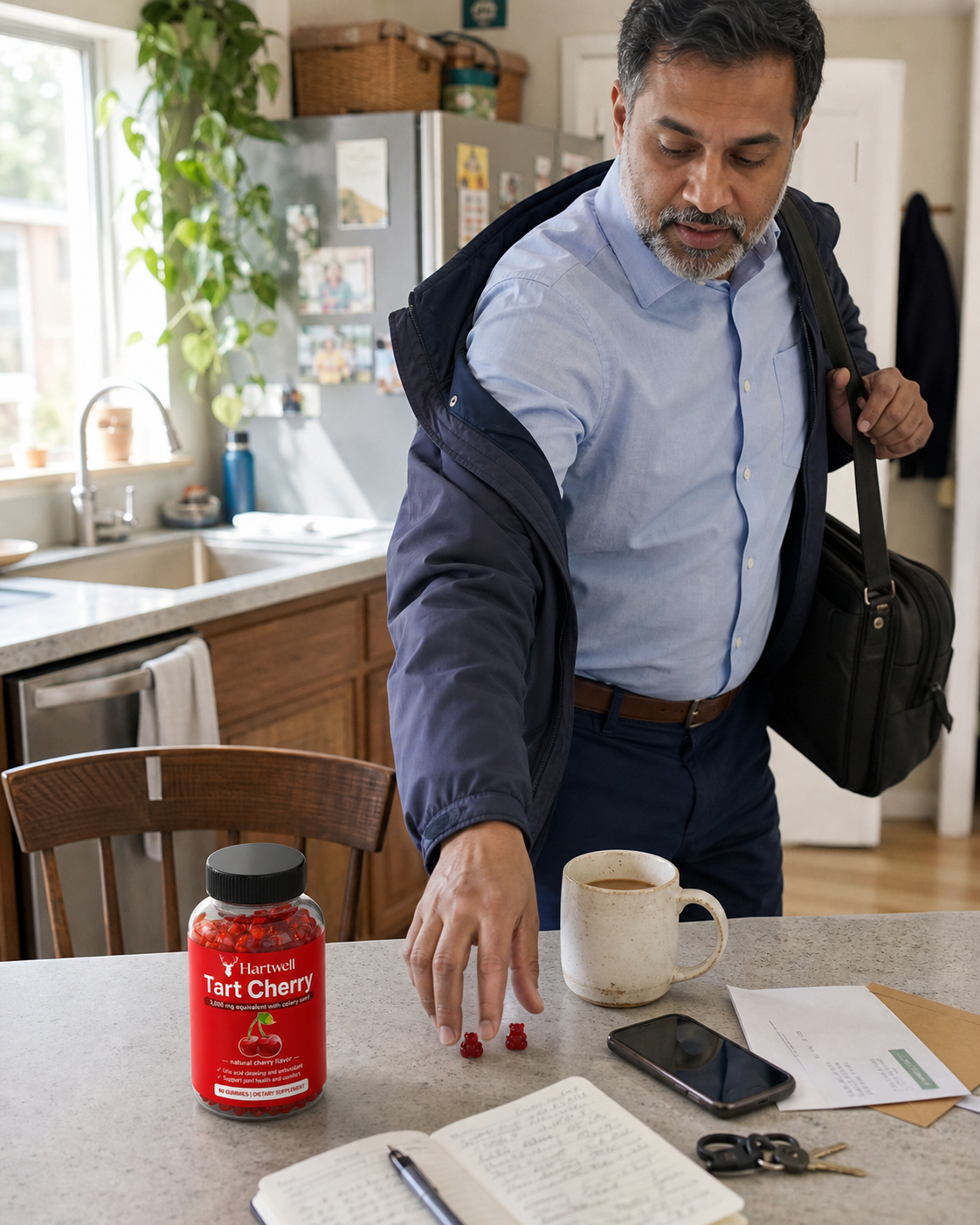 Man reaching for two gummies on the kitchen table on his way out to work
