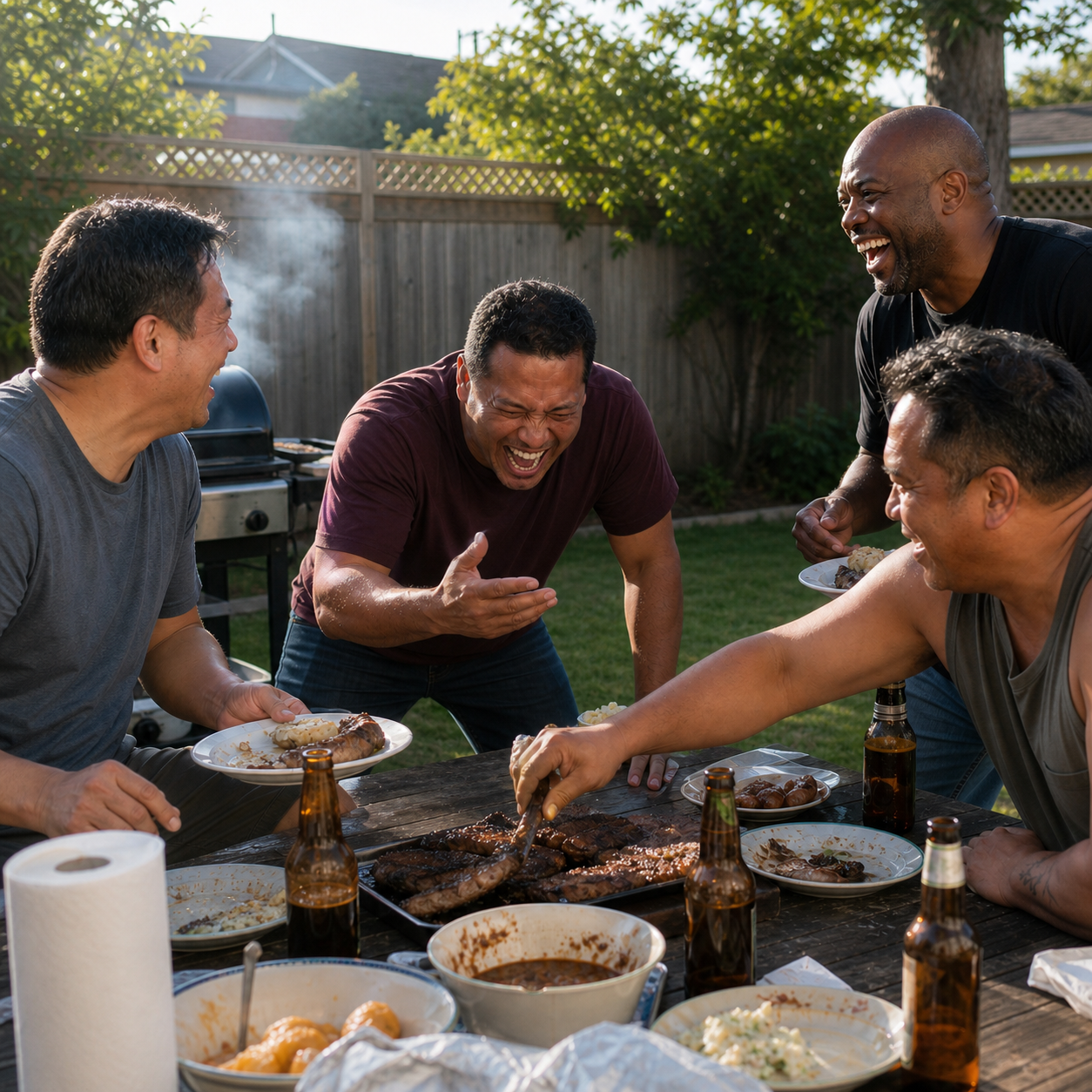 Friends laughing around a backyard barbecue with steak on the table