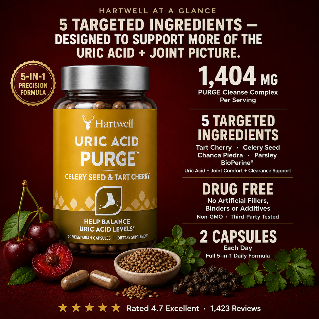 Hartwell Uric Acid Purge with Montmorency tart cherry, celery seed, chanca piedra, parsley and BioPerine&reg;, 1,404 mg PURGE Cleanse Complex and two capsules per day