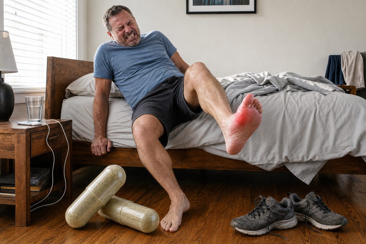 Man wincing on the edge of his bed with a red, swollen foot, Hartwell Uric Acid Purge on the bedside table beside him