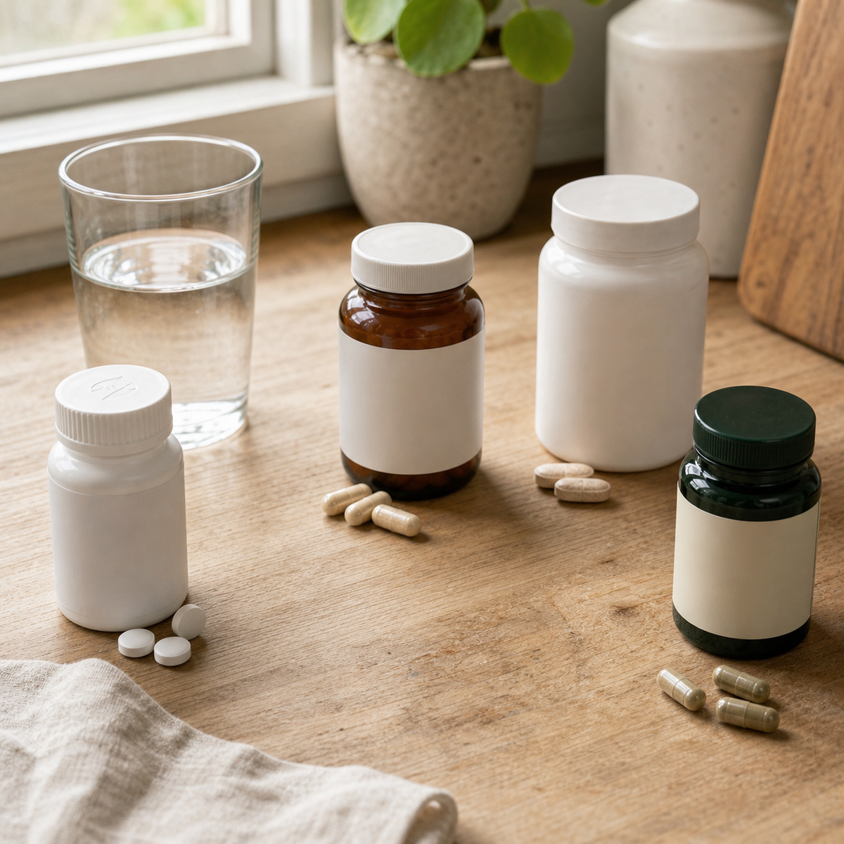Several separate gout-related products on a counter, including pain relief, joint support and daily supplements
