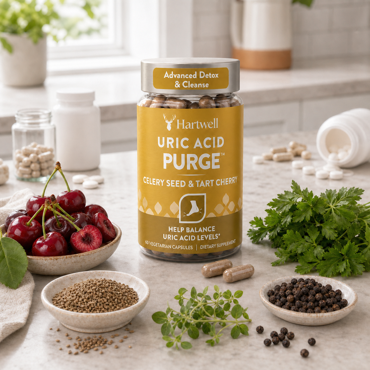 Hartwell Uric Acid Purge surrounded by Montmorency tart cherries, celery seed, chanca piedra, parsley and black pepper