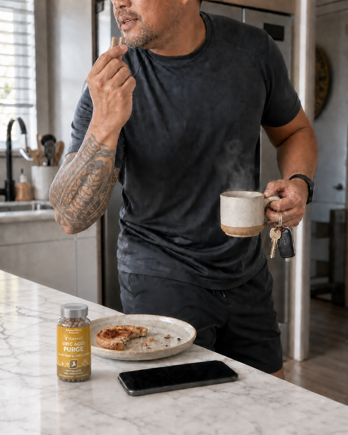 Man taking two Uric Acid Purge capsules with coffee and keys in hand before leaving the house