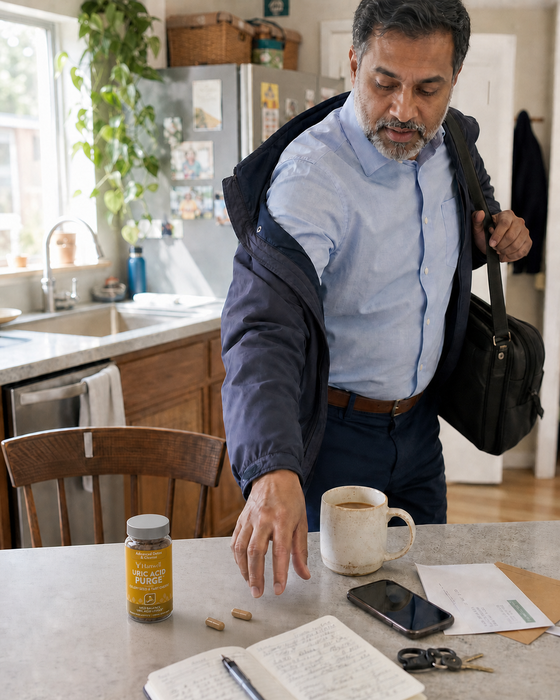 Man reaching for two Uric Acid Purge capsules on the kitchen table on his way out to work