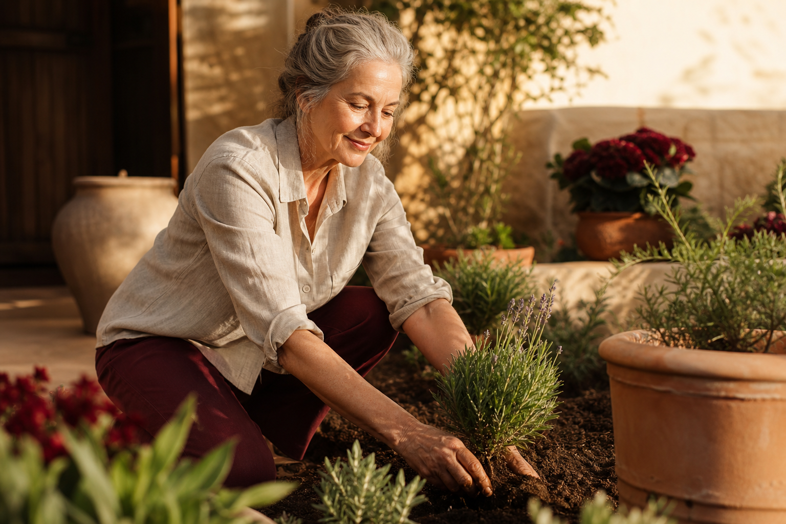 A woman gardening with ease, hands working the soil.