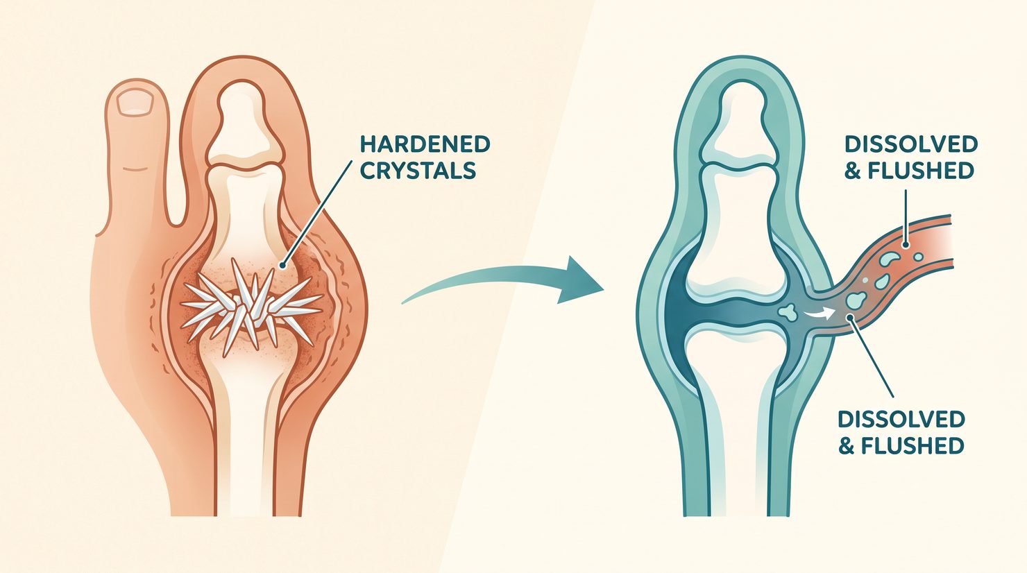 Diagram of uric acid crystals dissolving