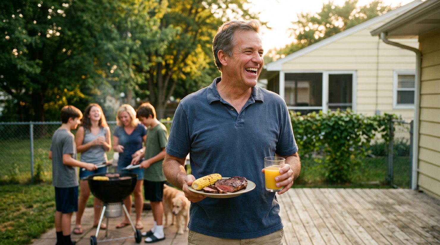 Man enjoying a steak and a beer at a backyard barbecue
