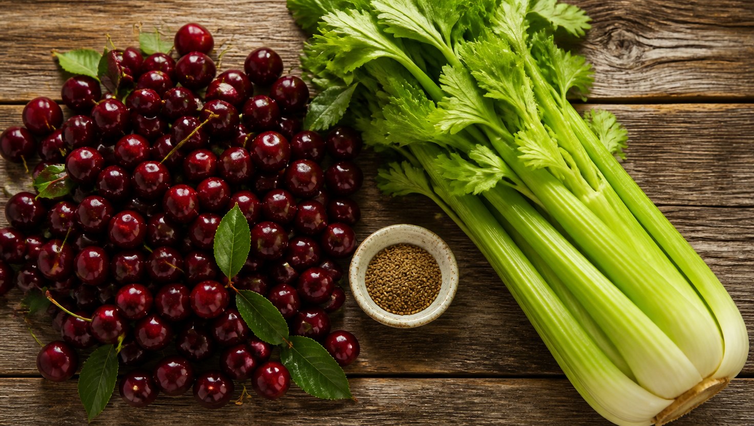 Tart cherries and fresh celery with a small bowl of celery seed